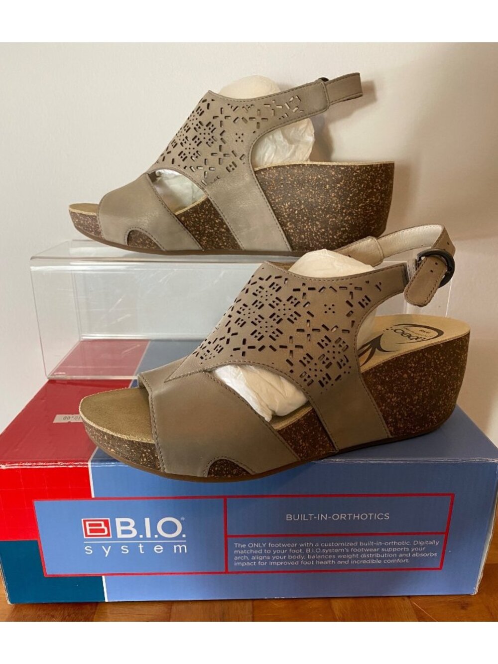 Abeo Unify Cork Wedge Sandals Grey Perforated Leather Upper Buckle Strap